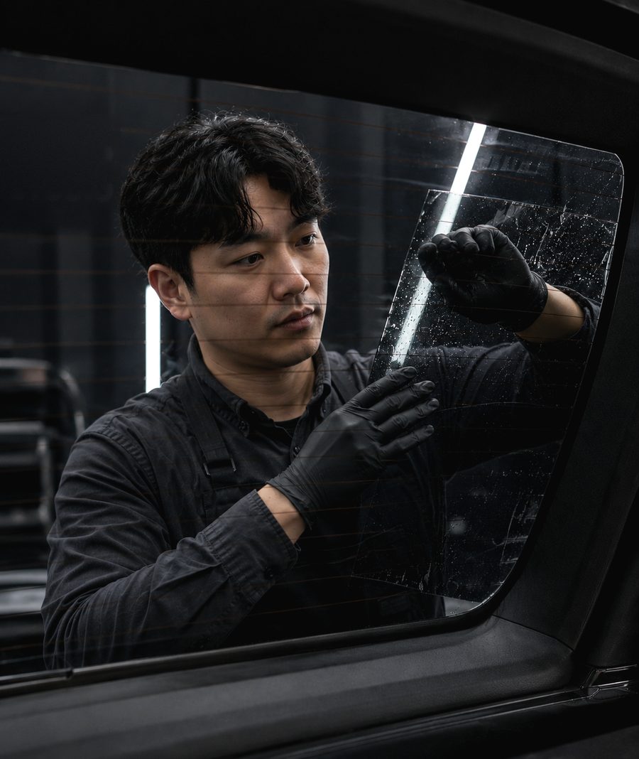 유리에 필름을 밀착시키는 실장